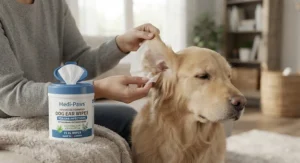 Gently cleaning a dog's ears using specialized dog ear wipes for ear infections
