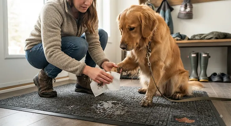 An owner wiping wet mud off a Golden Retriever's paws using gentle dog paw wipes for after walks on a Canadian entryway mat.