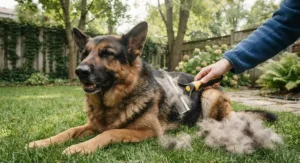 A German Shepherd enjoying a grooming session with a professional deshedding tool for double-coated dogs in a backyard.