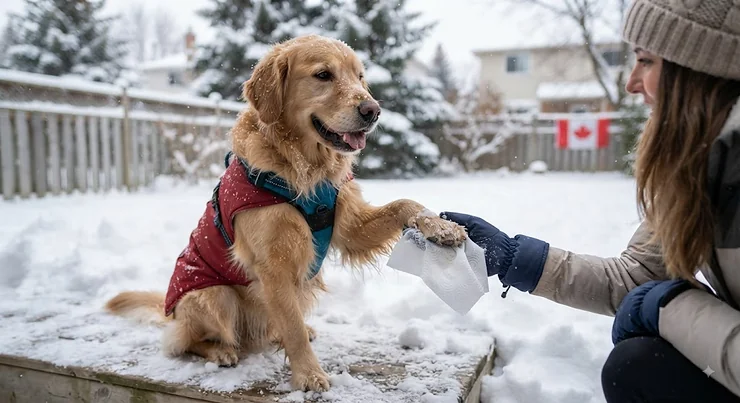 A friendly dog having its paws cleaned with gentle dog body wipes after a snowy walk in Canada.