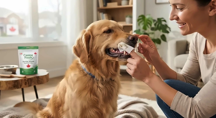 Dog dental wipes used to clean a dog's teeth for fresh breath and everyday oral care.