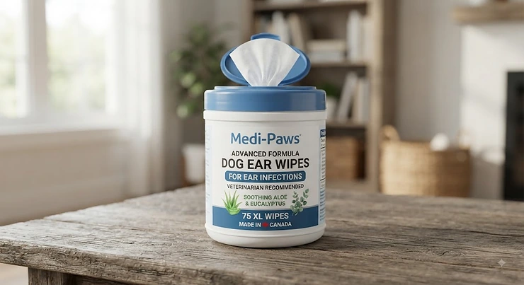 Dog ear wipes for ear infections packaging displayed for Canadian pet owners