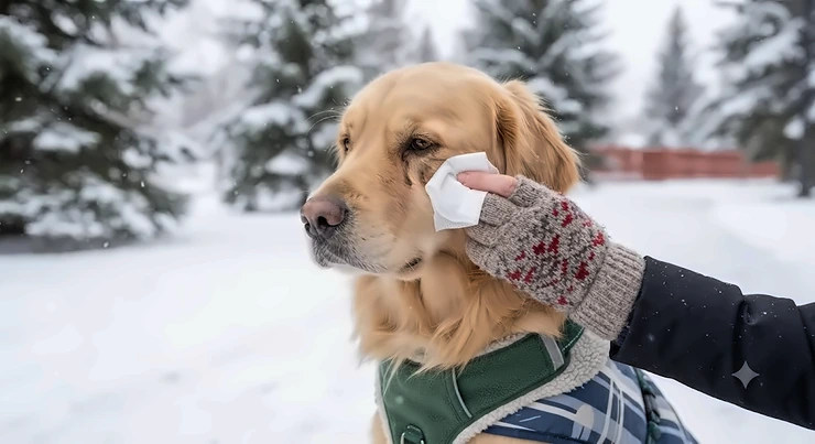 A golden retriever in snow receiving a gentle cleanup with dog eye wipes for tear stains during a Canadian winter day.