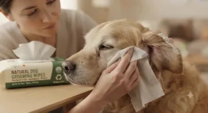 Gently wiping a dog's face and tear stains with biodegradable dog grooming wipes.