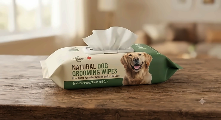 Pack of natural dog grooming wipes sitting on a wooden surface.
