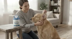 Pet owner using dog ear wipes for ear infections during regular home grooming