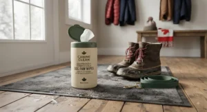 A container of eco-friendly compostable dog paw wipes sitting beside a leash and winter boots in a Canadian home entrance.