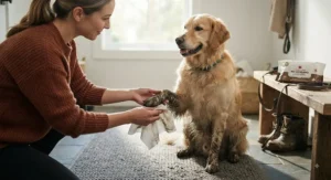 A happy dog sitting calmly while its owner wipes away mud using dog body wipes between baths.