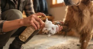 Close-up demonstration of pumping foaming waterless dog shampoo directly onto a dog’s coat for an easy bath alternative.