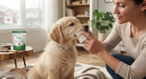 Gentle dog dental wipes formulated for sensitive puppy gums and early dental training.