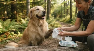 A golden retriever enjoying a gentle cleanup with hypoallergenic dog wipes for sensitive skin after a muddy hike.
