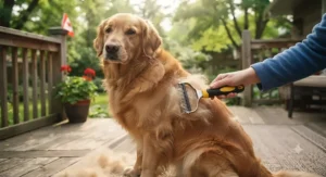 A Golden Retriever sitting on a porch while using a high-quality deshedding tool for double-coated dogs to manage shedding.