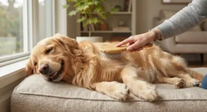 Happy Golden Retriever enjoying a relaxing brushing session with a wire pin brush.