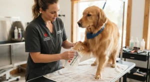 A professional groomer demonstrating how to use dog body wipes for maintenance between regular baths.