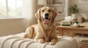 A happy, clean dog sitting comfortably indoors after being refreshed with dog grooming wipes.