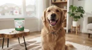 A healthy dog smiling happily after a routine dental cleaning session using dog dental wipes.