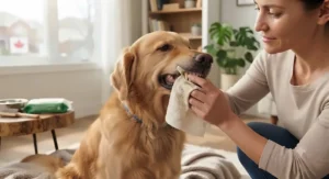 Pet owner gently wiping a dog's teeth with safe dog dental wipes during home grooming.