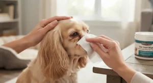 Step-by-step demonstration showing how to properly apply dog eye wipes for tear stains around a dog's eyes.