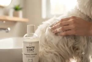 Infographic step showing a dog bath routine with rich lather, demonstrating application instructions for whitening shampoo for dogs with white coats.