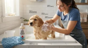 Step-by-step guide on using the best puppy shampoo during bath time for a relaxed puppy.