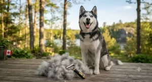 A happy Siberian Husky after getting an undercoat removal using a specialized deshedding tool for double-coated dogs.