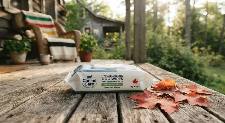 Hypoallergenic dog wipes for sensitive skin resting on a wooden Canadian porch next to maple leaves.