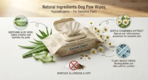 An infographic illustrating natural aloe and chamomile ingredients in hypoallergenic dog paw wipes for sensitive paws.