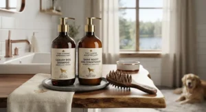 A luxury dog shampoo and conditioner set paired with a rubber grooming brush for a shiny coat