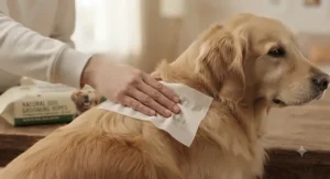 Close-up of gentle, plant-based dog grooming wipes being used on a golden retriever's coat.