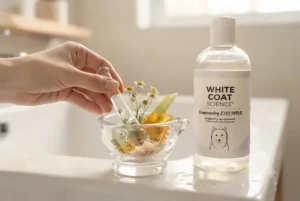 Vector icons of botanical elements and vitamins featured in safe whitening shampoo for dogs with white coats for healthy Canadian pets.