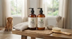 An oatmeal-based dog shampoo and conditioner set that relieves itchy skin for dogs