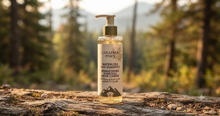 Bottle of plant-based waterless dog shampoo featuring bilingual English and French labelling for Canadian pet owners.