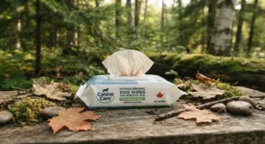 Eco-friendly and biodegradable hypoallergenic dog wipes for sensitive skin on a natural outdoor background.
