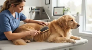 Gentle grooming with a pin brush on a long-haired dog to detangle smooth fur.