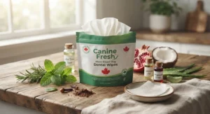 Plant-based dog dental wipes layout highlighting safe ingredients for pet dental health.