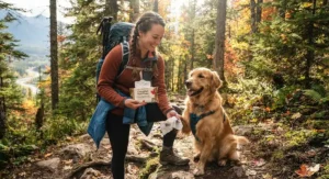 A hiker holding a pack of dog body wipes during a trail walk in a Canadian forest.