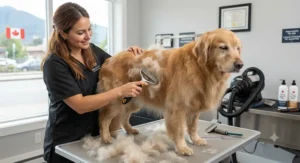 A professional pet stylist using a stainless steel deshedding tool for double-coated dogs at a salon in Canada.