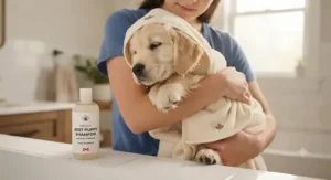 A clean, fluffy puppy wrapped in a towel after a bath with the best puppy shampoo.