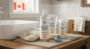 Assortment of puppy grooming products including the best puppy shampoo recommended by Canadian vets.