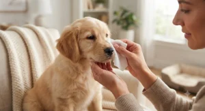 A cute puppy sitting patiently while a pet owner uses dog eye wipes for tear stains for daily hygiene care.