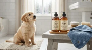 A mild puppy shampoo and conditioner set next to a small puppy getting ready for a bath