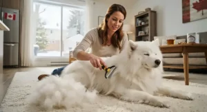 An owner brushing their Samoyed with an ergonomic deshedding tool for double-coated dogs inside a Canadian home.