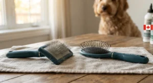 Comparison of a slicker brush and a pin brush for Canadian dog grooming.
