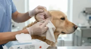 Close-up of soothing hypoallergenic dog wipes for sensitive skin being used to clean a dog's ears.