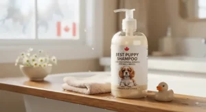 Close-up of a tear-free best puppy shampoo bottle, perfect for small Canadian dog breeds.