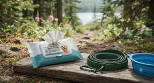 A portable travel pack of dog eye wipes for tear stains next to a leash and water bowl for outdoor hiking trips.