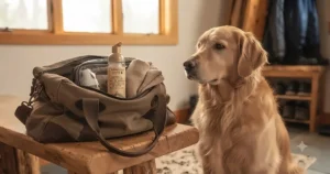 Compact bottle of travel-friendly waterless dog shampoo packed inside a road trip bag for Canadian pet adventures.
