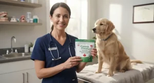 Veterinarian holding a pack of daily dog dental wipes for optimal canine hygiene.