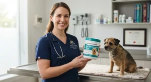 A veterinarian holding a container of dog eye wipes for tear stains in a modern Canadian veterinary clinic.