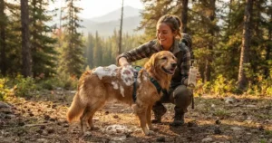Hiker using a no-rinse waterless dog shampoo on a happy pup during a weekend camping trip in the Canadian Rockies.